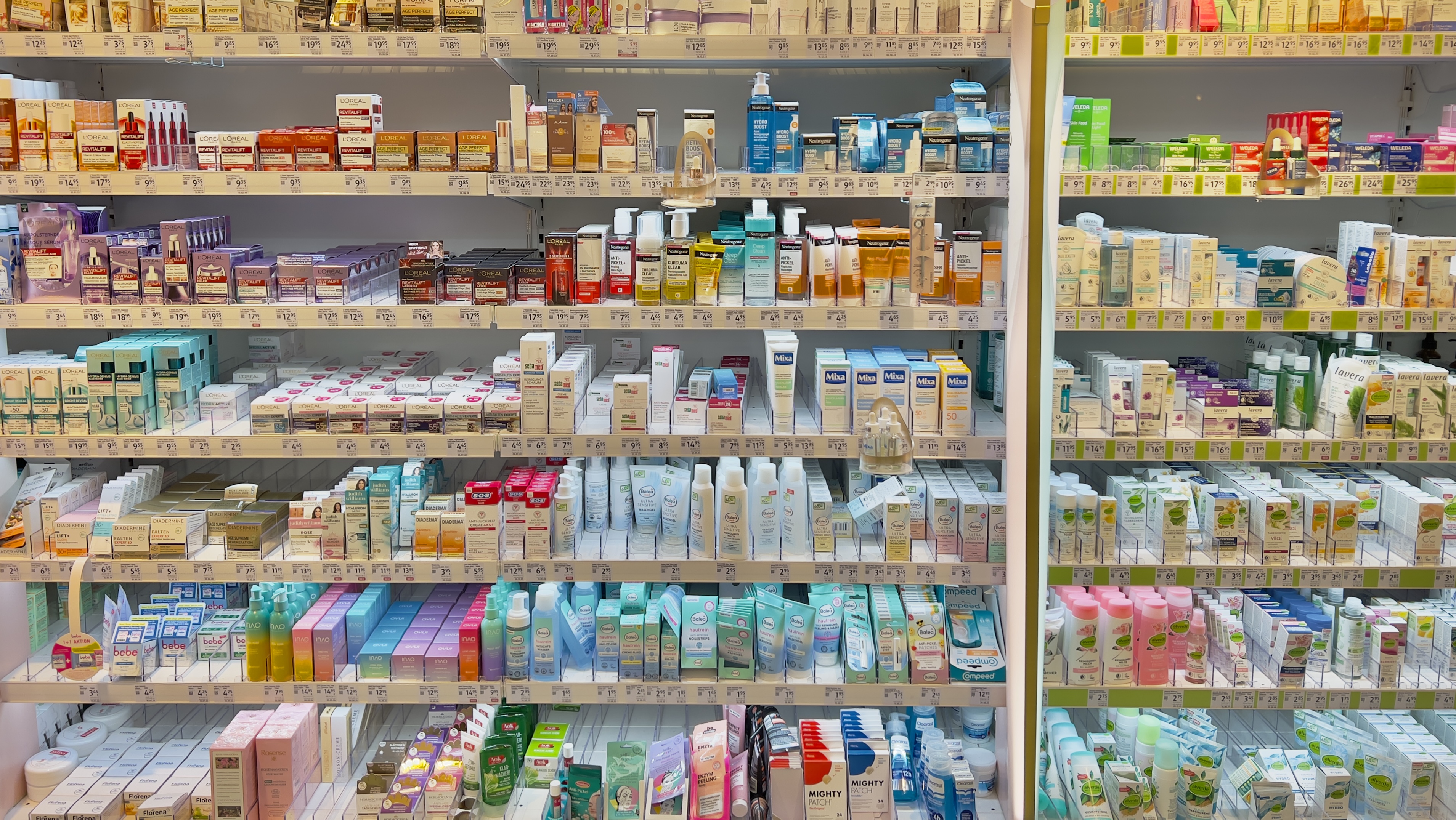 Overwhelming skincare aisle with hundreds of products